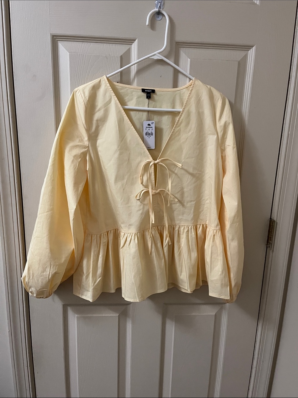 Express Light Yellow Tie-Front Peplum Blouse